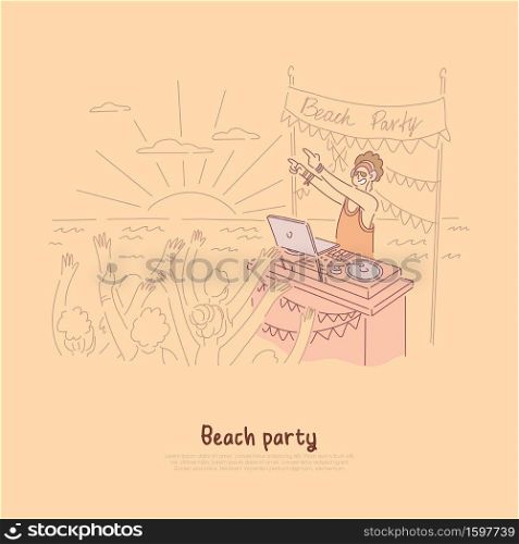 People dancing on shore of sea, ocean, dj making live music at turntable, fun summertime activities for young adults banner. Beach party cartoon concept sketch. Flat vector illustration. People dancing on shore of sea, ocean, dj making live music at turntable, fun summertime activities for young adults banner