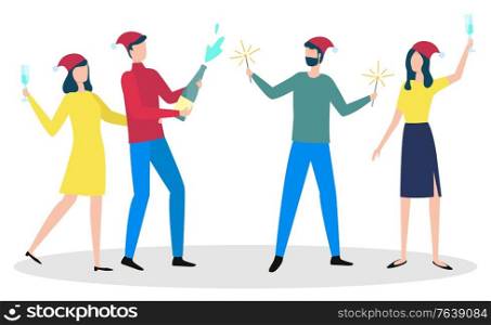 People dancing together and greeting each other with winter holiday. Man stand with vector champagne bottle, guy with sparkles and women with glass of alcohol. Traditional xmas celebration with friend. People Dance Together and Celebrate Winter Holiday