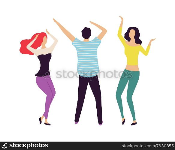 People dancing with rising hands, moving dancers, man and woman full length view, energetic crowd on concert or dance floor, celebration event. Vector illustration in flat cartoon style. Celebration People, Man and Woman Dancing Vector