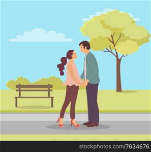 People dating in park, springtime with foliage of green trees and meadows, man and woman cuddling spending time together, loving boyfriend in autumn park. Vector illustration in flat cartoon style. Couple in Love, Spring Park Relaxation Date Vector