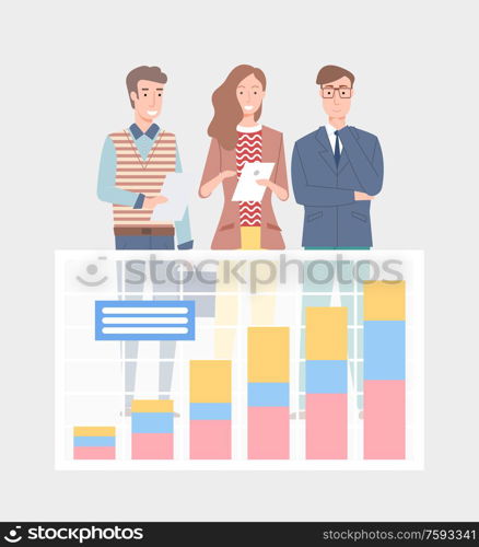 People dealing with information and results vector, man and woman with documents and reports on business project and success, growing chart flat style. Business Statistics Analytics by Experts Vector