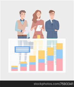 People dealing with information and results vector, man and woman with documents and reports on business project and success, growing chart flat style. Business Statistics Analytics by Experts Vector