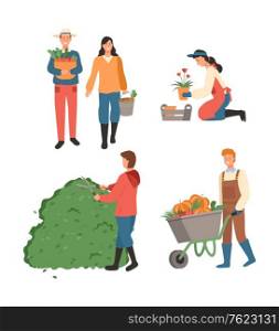 People dealing with vegetables and bushes in garden vector, man and woman working with field, male with basket harvesting farmers, lady planting flowers. Flat cartoon. People at Farm, Agronomist Man and Woman at Field