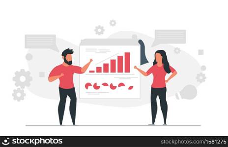 People develop a business plan for the company together. Man and woman solve business problems as a team concept vector illustration