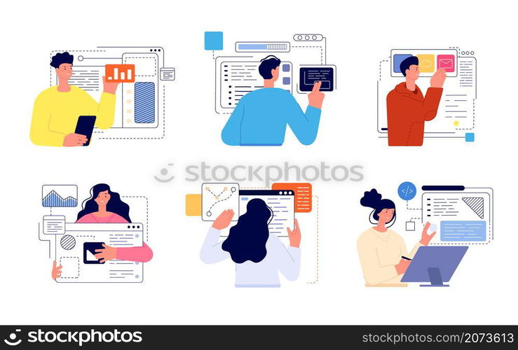 People develop app. Web development, developer easy information update. Abstract banners, phone application or software designer utter vector set. Management and programming, page content. People develop app. Web development, developer easy information update. Abstract banners, phone application or software designer utter vector set