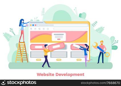 People developers working on website development vector, man and woman looking at construction. Interface of web, programmers with tools instruments. Website Development Experts Working on Site Vector