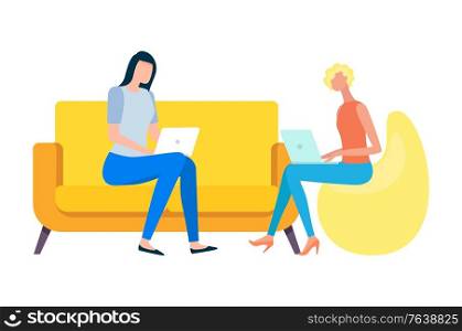 People developing business projects vector, woman and secretary helpers dealing with working tasks, character sitting on comfortable sofa and armchair. Women Working from Home People with Laptops Vector