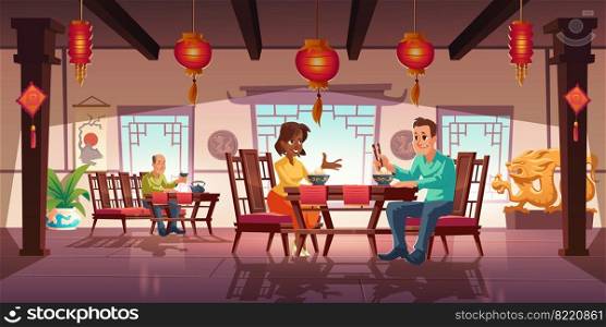 People dining in asian restaurant, men and women eating noodles and drink tea in traditional chinese cafe sit at served tables. Cafeteria interior with authentic decor, cartoon vector illustration. People dining in asian restaurant or cafeteria