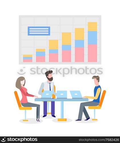 People discussing business problems finding solution vector. Workers with laptops talking about graphics, projects results information on chart board. Workers Sitting on Conference, Meeting of People