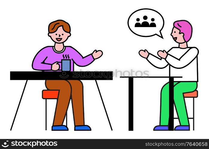 People discussing business problems, isolated man sitting by table and drinking coffee from cup. Cooperation of characters at work. Professional discussion of workers. Businessman vector flat style. Business Meeting of Worker, Boss and Employee
