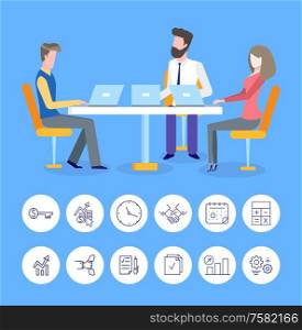 People discussing business project vector. Isolated icons of key, infographic with arrow and handshake deal and agreement signs, conference of partners. Business Meeting Conference of People at Office