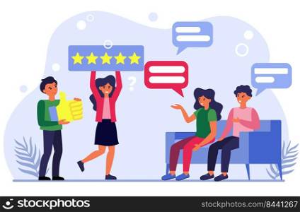 People discussing media ratings. Man and woman asking people about their feedback flat vector illustration. Social networking concept for banner, website design or landing web page