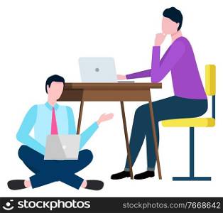 People discussing work, man and woman colleagues working with laptop. brokers characters on workplace, employee collaboration, teamwork success vector. Man and Woman Working with Laptop, Broker Vector