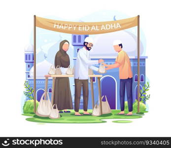 People distribute sacrificial meat on Eid al Adha. Happy Celebrate Eid Al Adha Mubarak. Flat vector illustration