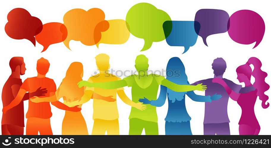 People diverse culture.Dialogue and friendship silhouette group of multiethnic people.Communication speak discussion.Crowd talking.Social network.Community.Speech bubble rainbow colors