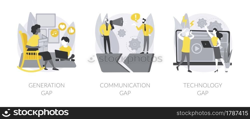People diversity abstract concept vector illustration set. Generation and communication gap, technology gap, society development, information exchange, digital divide, relationship abstract metaphor.. People diversity abstract concept vector illustrations.