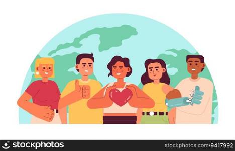 People diversity and inclusivity flat concept vector spot illustration. Happy 2D cartoon characters on white for web UI design. Equality, love and care isolated editable creative hero image. People diversity and inclusivity flat concept vector spot illustration