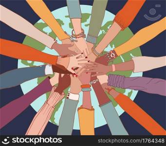 People diversity. Arms and hands on top of each other on the globe.People of diverse race culture ethnicity and country.Integration.Coexistence.Multicultural society. Agreement.Community