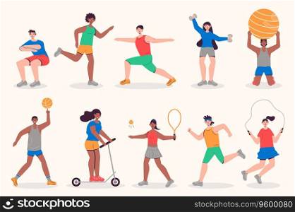 People do fitness set in flat design. Men and women running, exercising with dumbbells and balls, rope jump, yoga asanas. Bundle of diverse characters. Vector illustration isolated persons for web