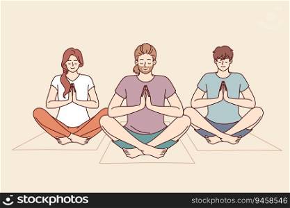 People do meditation and yoga sitting on fitness mats and taking lotus position to do zen practice. Friends meditate and do yoga to cleanse soul and improve mental state after difficult life period.. People do meditation and yoga sitting on fitness mats and taking lotus position to do zen practice