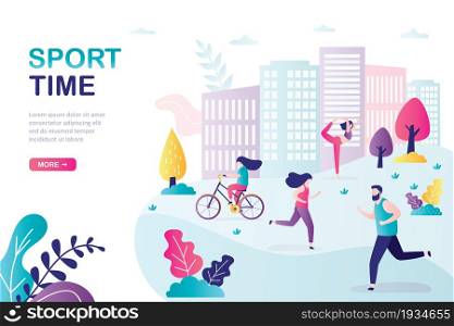 People do physical activity outdoors. Female character rides bicycle at park. Woman and man running outdoor in sportswear. City landscape. Homepage or landing page template. Flat vector illustration. People do physical activity outdoors. Female character rides bicycle at park. Woman and man running outdoor in sportswear. City landscape