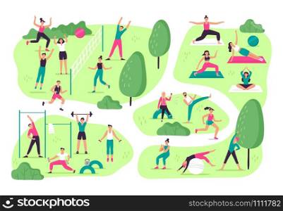 People do sports in park. Outdoor sport activities, group workout and healthy lifestyle. Beautiful sport people outdoor yoga, running and training vector illustration. People do sports in park. Outdoor sport activities, group workout and healthy lifestyle vector illustration