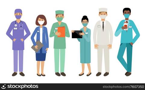 People doctors in medical masks. Epidemic. Virologists. Vector flat illustration.