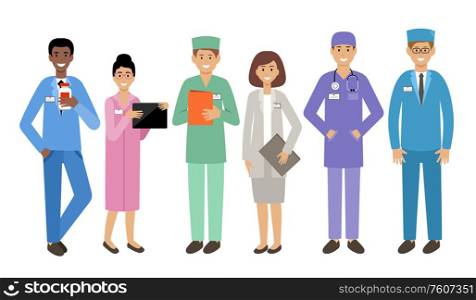 People doctors on a white background. Medical specialists. Epidemic. Virologists. Vector flat illustration.