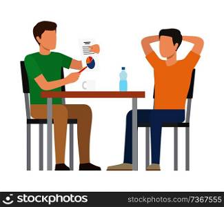 People doing analysis, man wearing green t-shirt showing paper with diagrams and information, table top plastic bottle isolated on vector illustration. People Doing Analysis of Task Vector Illustration
