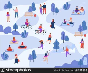 People doing different activities in park in summer. Woman and kid having picnic, children playing tennis, doing yoga and riding bicycle flat vector illustration. Outdoor workout, leisure concept