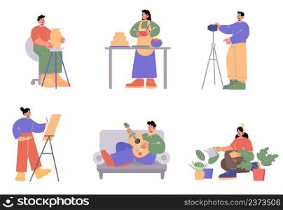 People doing different hobbies, music, cooking, sculpture, painting, making movie and gardening. Vector flat illustration of men play guitar, with camera, women cook cake, watering plants and draw. People doing hobbies, music, cooking, sculpture