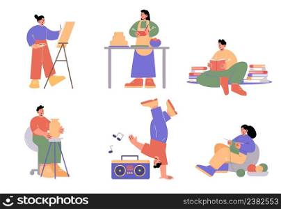 People doing different hobbies, painting, cooking, pottery, knitting, dance and reading books. Vector flat illustration of men make sculpture, dancer, women drawing, cook cake. People doing hobbies, painting, cooking, knitting