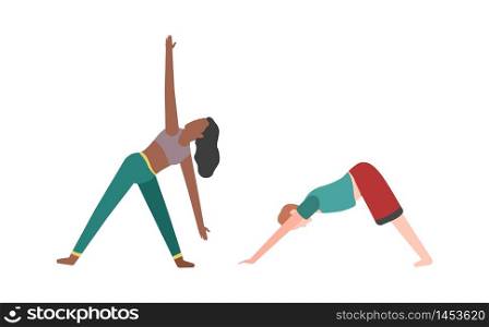 People doing fitness or yoga. Woman and man do exercises flat vector training illustraton. People doing fitness or yoga. Woman and man do exercises flat vector illustraton