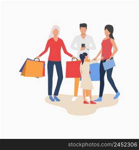 People doing shopping. Parents, kid women and man holding bags and using phone. Leisure concept. Vector illustration can be used for topics like shopping mall, weekend, family. People doing shopping