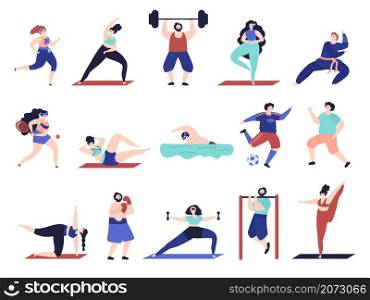 People doing sport. Workout characters, active male female sport exercise. Flat friends training, tennis yoga jogging decent vector set. Fitness healthy, active stretching and training illustration. People doing sport. Workout characters, active male female sport exercise. Flat friends training, tennis yoga jogging decent vector set