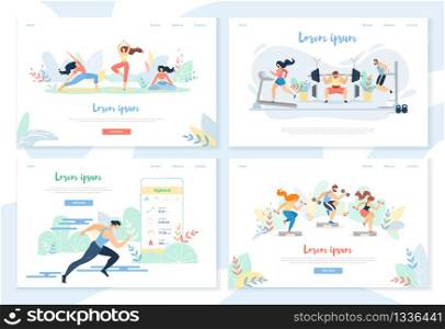 People Doing Sports Activity with Smart Gadgets Horizontal Banner Set. Human Characters Doing Yoga, Exercising in Gym, Running Sprinter Distance, Technologies in Sport Cartoon Flat Vector Illustration. Yoga, Exercising in Gym, Running Sprinter Distance