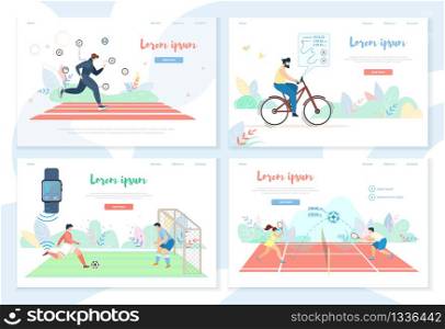 People Doing Sports Activity with Smart Gadgets Horizontal Banner Set. Male, Female Character Running, Driving Bicycle, Playing Football, Tennis. Technologies in Sport Cartoon Flat Vector Illustration. People Doing Sports Activity with Smart Gadgets