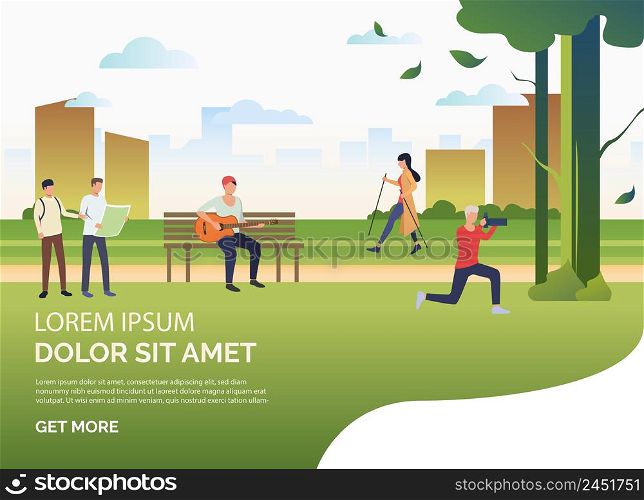 People doing sports and relaxing in city park, sample text. Relaxation, activity, lifestyle concept, presentation slide template. Can be used for topics like summer, leisure, nature. People doing sports and relaxing in city park, sample text