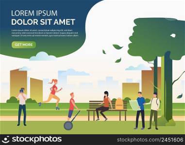 People doing sports and relaxing in city park with sample text. Relaxation, activity, lifestyle concept, presentation slide template. Can be used for topics like summer, leisure, nature. People doing sports and relaxing in city park with sample text