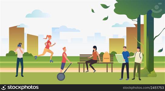 People doing sports and relaxing in summer city park. Relaxation, activity, lifestyle concept. Can be used for topics like summer, leisure, nature. People doing sports and relaxing in summer city park