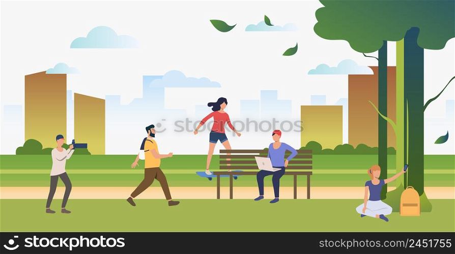 People doing sports, relaxing and taking photos in city park. Relaxation, activity, lifestyle concept. Can be used for topics like summer, leisure, nature. People doing sports, relaxing and taking photos in city park