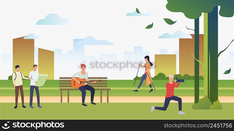 People doing sports, taking photos and relaxing in city park. Relaxation, activity, lifestyle concept. Can be used for topics like summer, leisure, nature. People doing sports, taking photos and relaxing in city park