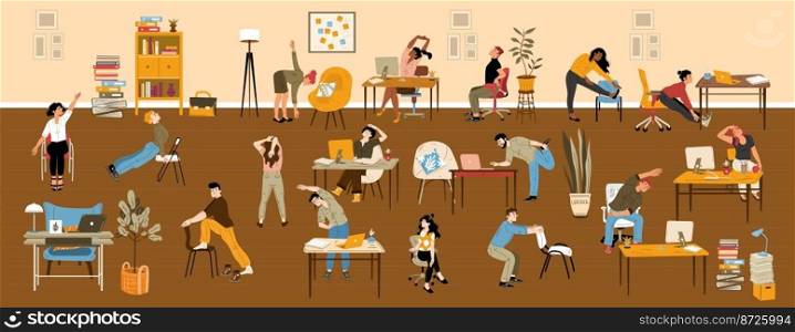 People doing stretching exercises in office. Work break for relax and stretch body on workplace. Men and women making physical activity and yoga on chair at desk, vector hand drawn illustration. People doing stretching exercises in office