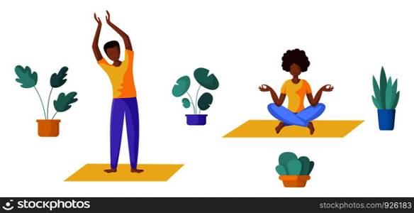 People doing yoga, young couple - men and women doing sport exercises and meditation. African American family in yoga class - group of persons, Isolated elements on white background, vector set . Yoga Different People