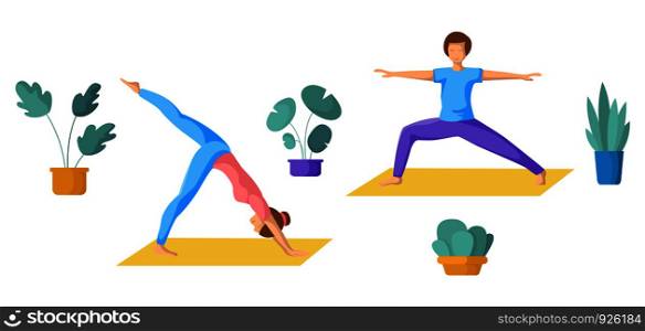 People doing yoga, young couple - men and women doing sport exercises and meditation. Family in yoga class - group of persons, Isolated elements on white background, vector set . Yoga Different People