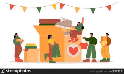 People donate clothes for charity, humanitarian aid or exchange. Vector flat illustration of women and men give old garment in cardboard donation box for poor and homeless. People donate clothes for charity or swap