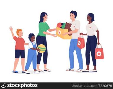People donate to orphanage semi flat color vector characters. Full body people on white. Social workers work isolated modern cartoon style illustration for graphic design and animation. People donate to orphanage semi flat color vector characters