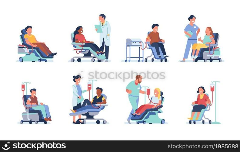 People donating blood. Medical staff take blood from men and women in laboratory donor chairs, humanitarian help and charity, doctors or nurses with volunteers, vector cartoon flat style isolated set. People donating blood. Medical staff take blood from men and women in laboratory donor chairs, humanitarian help and charity, doctors with volunteers, vector cartoon flat isolated set