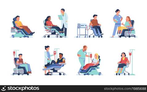 People donating blood. Medical staff take blood from men and women in laboratory donor chairs, humanitarian help and charity, doctors or nurses with volunteers, vector cartoon flat style isolated set. People donating blood. Medical staff take blood from men and women in laboratory donor chairs, humanitarian help and charity, doctors with volunteers, vector cartoon flat isolated set