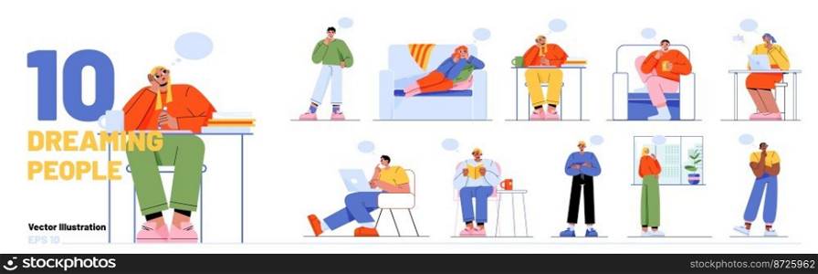 People dream, think while relax on couch and chair, look out window, standing and sitting at workplace. Diverse men and women with thought bubbles, vector flat illustration. People dream, think in different poses